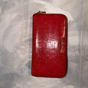 Miu Miu Red Croc-Embossed Zip Wallet with Gold Logo